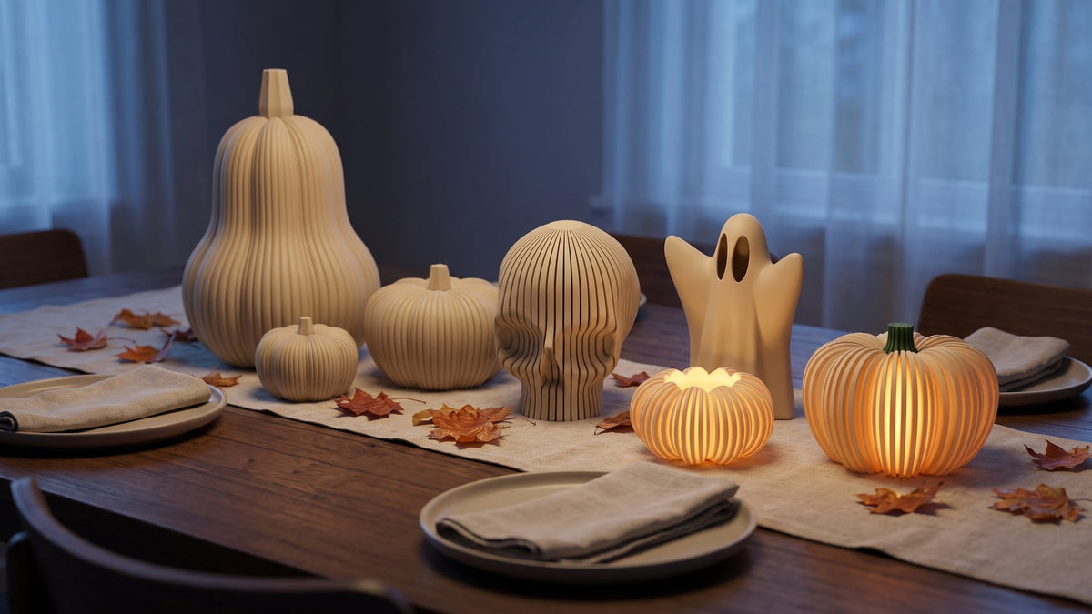 Halloween table at dusk: 3D printed ribbed pumpkins, slatted skull, ghost and a pumpkin lantern and holder lit by LED tealights on a linen runner