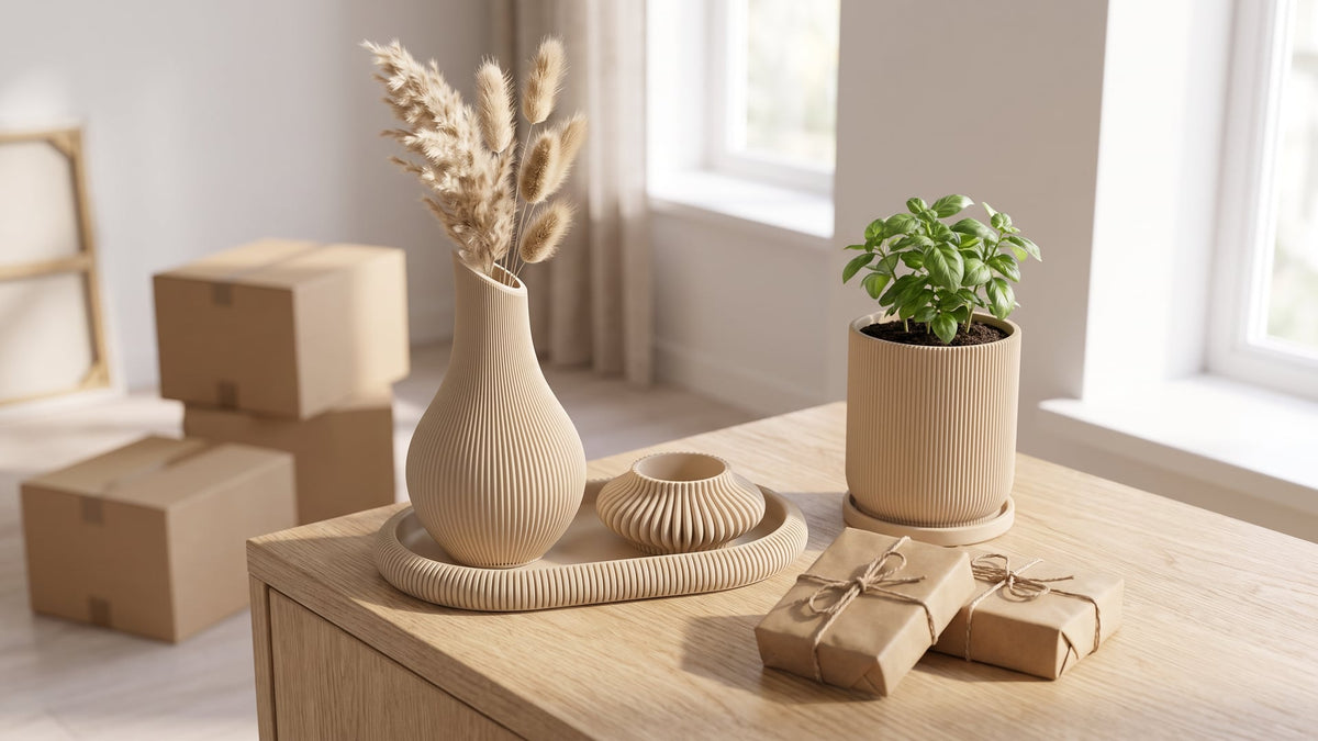 Beige ribbed vase with dried pampas on an oval tray beside an empty LED tealight holder, a ribbed plant pot with basil and two kraft-wrapped gifts on an oak sideboard, moving boxes behind