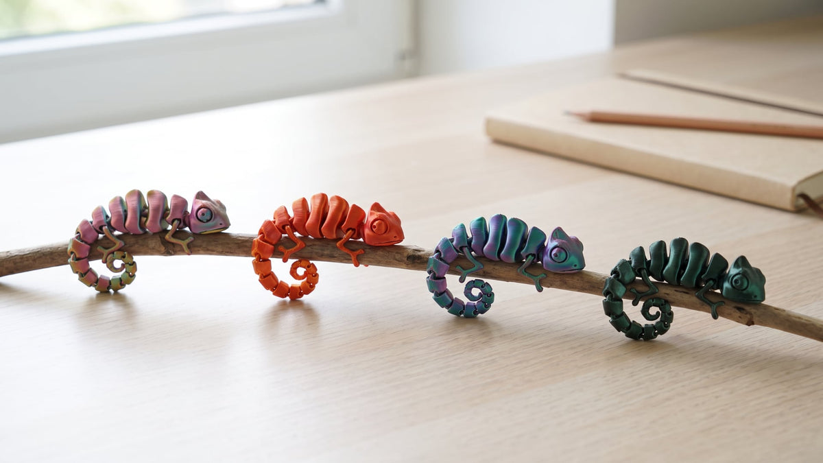 Four articulated 3D-printed chameleons in pink-gold, orange, blue-violet and dark green sitting in a row on a thin twig on a light wooden desk by a window, a notebook and pencil in the background.