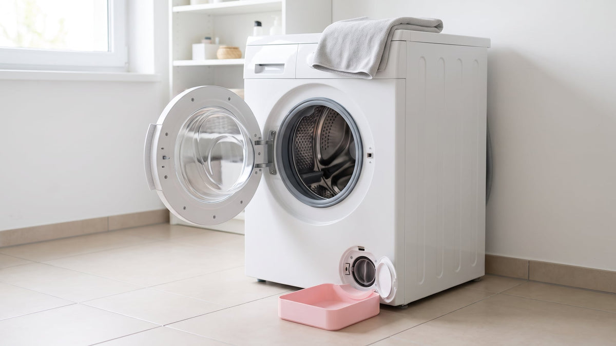 White front-loading washing machine with the door open in a bright laundry room, a pink 3D-printed drip tray slid under the open pump filter flap