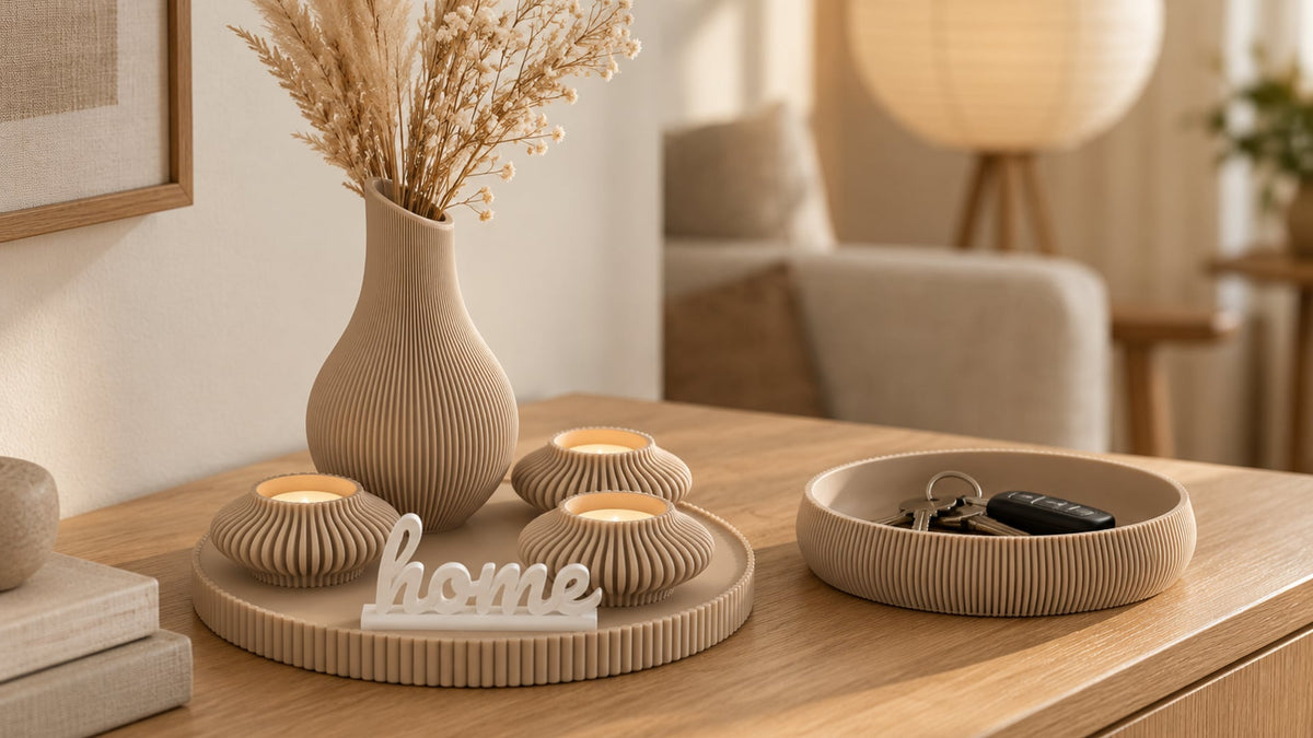 Beige ribbed tray set with a teardrop vase of dried pampas, three LED tealight holders and a white home sign, next to a ribbed catch-all bowl with keys on a light oak sideboard in a Japandi living room