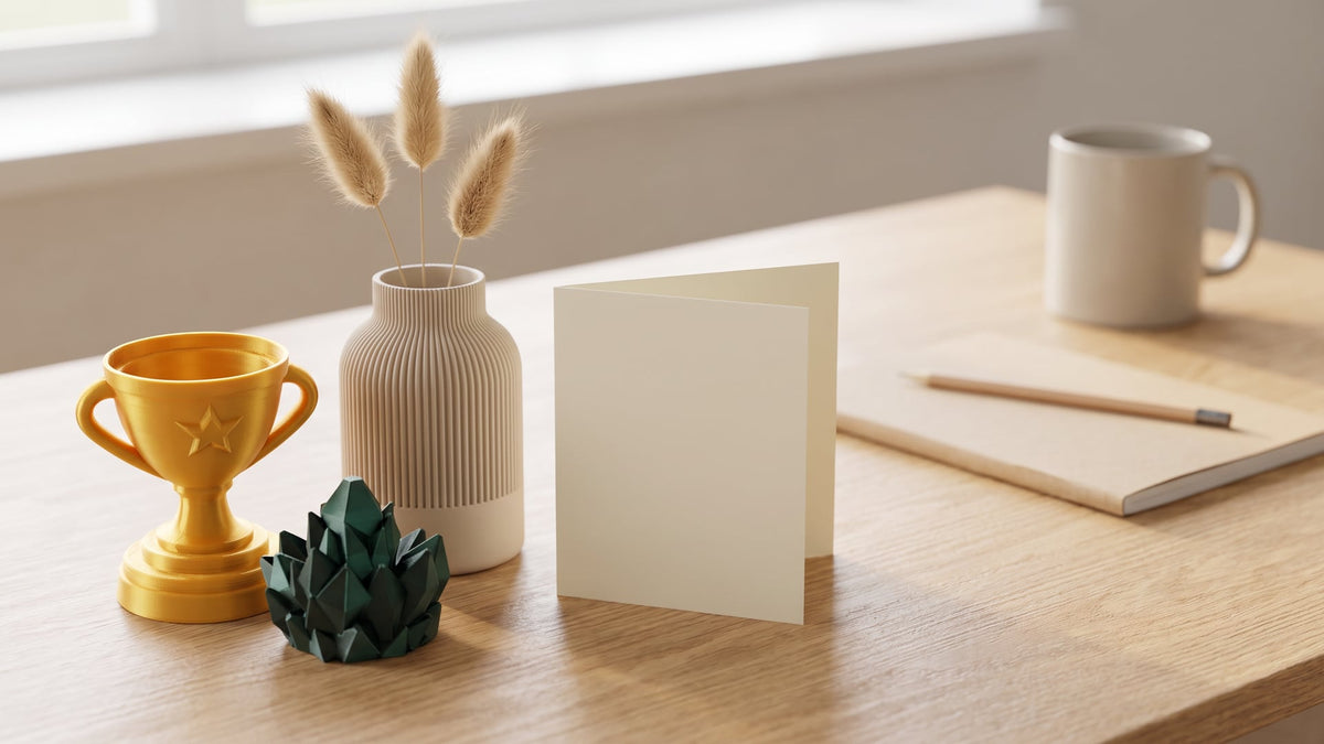 Leaving gift for a colleague on a light oak office desk: gold 3D printed mini trophy cup, green crystal spinner, small ribbed beige vase with dried bunny-tail grass and a blank folded card