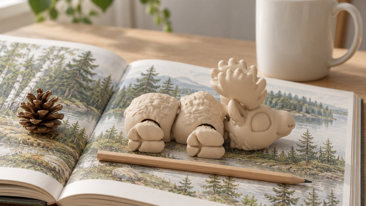Beige articulated 3D-printed moose figure with broad antlers lying on a light oak desk in front of an open nature atlas with a forest illustration, a plain white mug right beside it and a small pine cone for scale, soft daylight