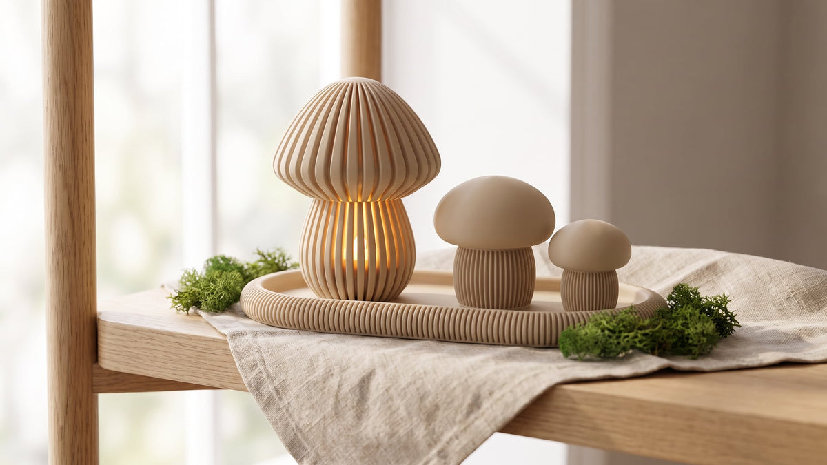 Beige 3D-printed mushroom decor set on a light oak shelf with a linen cloth: ribbed mushroom lantern glowing softly with an LED tealight, two smaller mushrooms on an oval ribbed tray and tufts of artificial moss