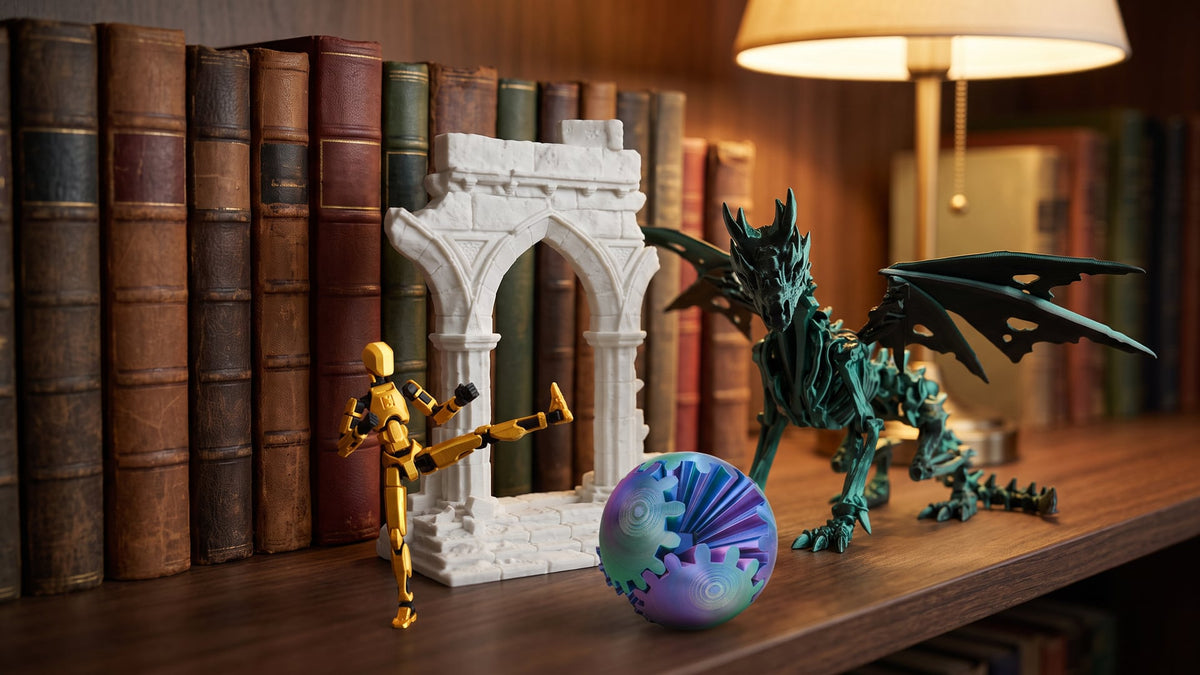 3D printed nerd gifts on a bookshelf of old fantasy books: a white ruined gothic archway phone stand, a black-green skeleton dragon, a gold Dummy 13 figure mid-kick and a blue-green-violet Gear Ball