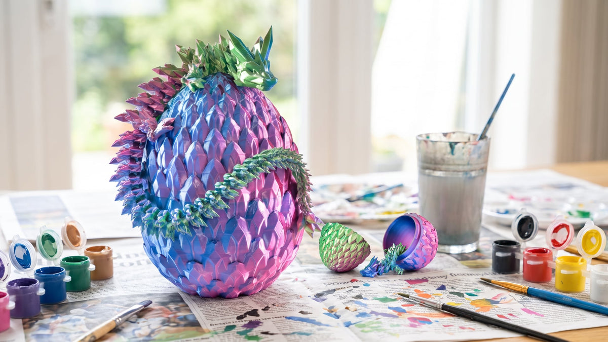 Hand holding an unpainted scaly 3D printed dragon egg, ready to be painted with acrylics
