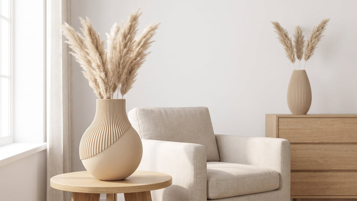 Round beige ribbed vase with fluffy dried pampas grass on a light wooden side table beside a linen armchair; a slim ribbed vase with three pampas stems on an oak chest of drawers behind