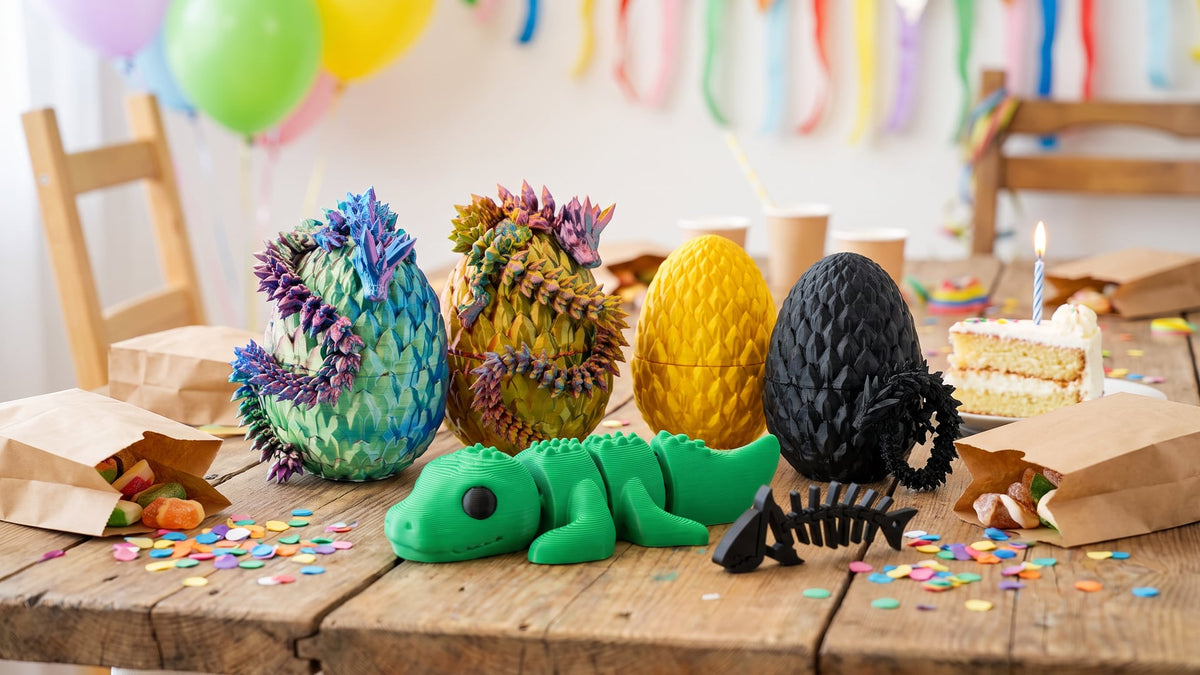 3D printed party bag fillers for a children's birthday: baby dragons in eggs, a flexi shark keychain and mini animal figures