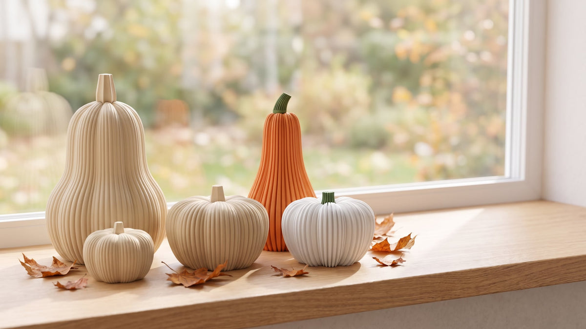 3D printed ribbed pumpkins on a wooden windowsill in autumn: a beige set of three with a tall butternut, a tall orange pumpkin and a white round pumpkin, with dry leaves