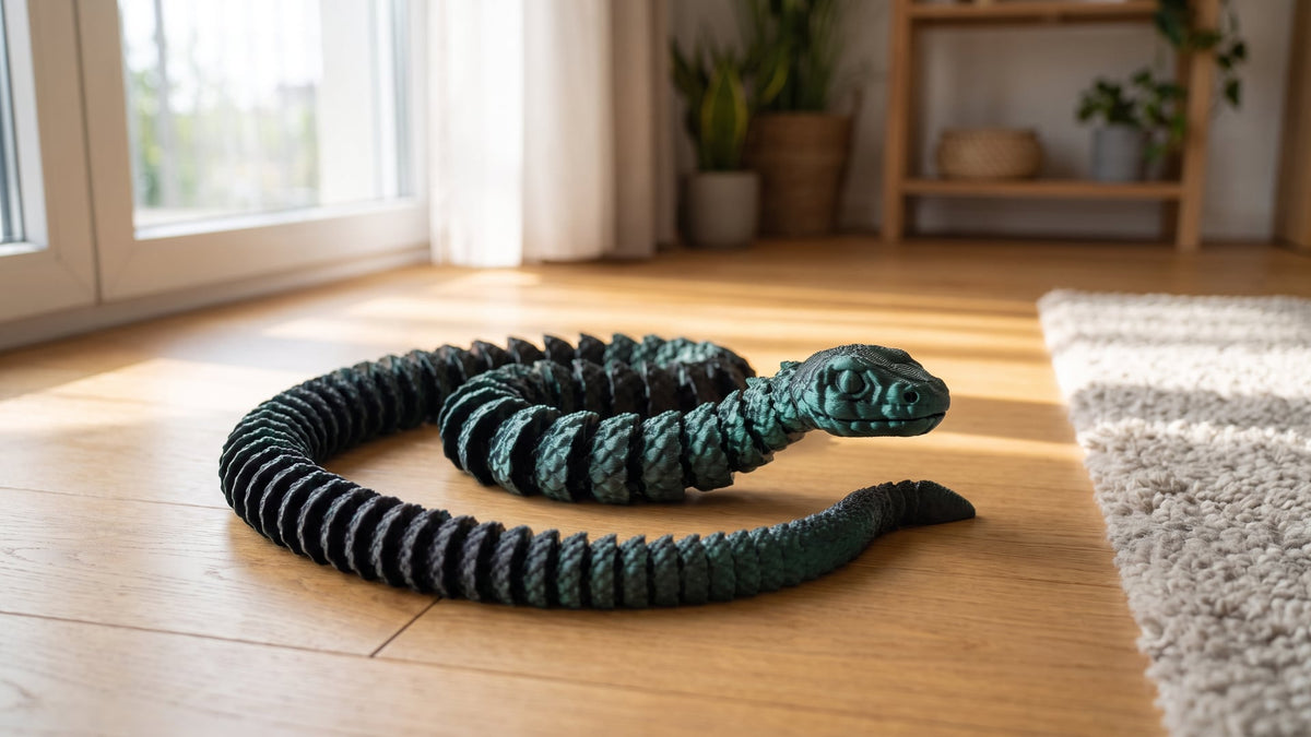 Articulated 3D printed snake, 80 cm, in black-green silk colours, loosely coiled on a warm oak floor in a sunlit living room, head slightly raised