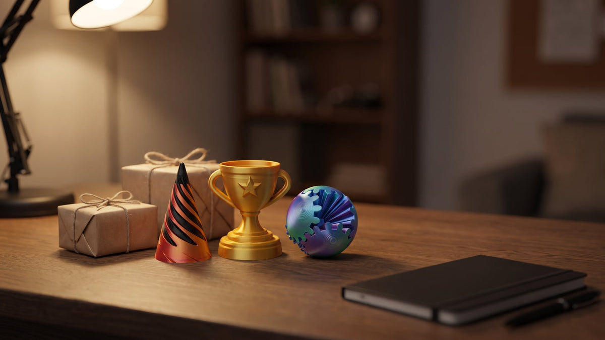 Small gifts on a dark wooden desk under a lamp: two kraft-wrapped parcels, a red-gold spiral cone fidget, a gold mini trophy with a star and a blue-green-violet Gear Ball, with a black notebook and pen