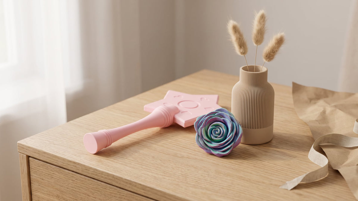 Pastel pink star wand card holder, iridescent rose spinner and a small beige ribbed vase with dried bunny-tail grass on a light oak dresser, with kraft wrapping paper and a linen ribbon