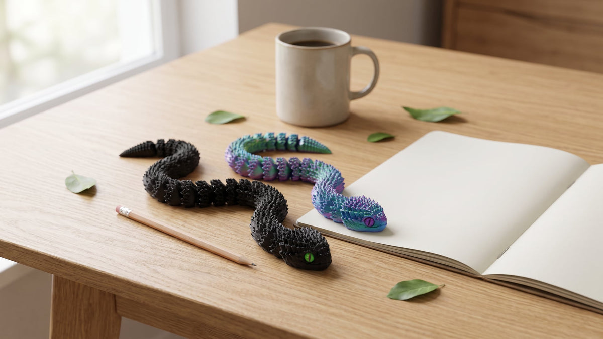 Two small articulated 3D-printed snakes, one black and one blue-green-violet, lying in S-curves on a light oak desk next to a pencil, a coffee mug and an open notebook, in soft window light