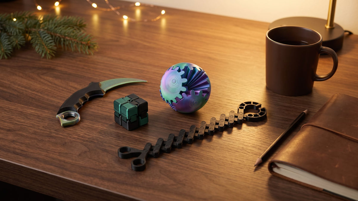 Small gifts for men on a dark wooden desk: a karambit-shaped fidget spinner with no blade, a black-green infinity cube, an iridescent gear ball and a black articulated desk claw, next to a mug, a leather notebook and a sprig of fir