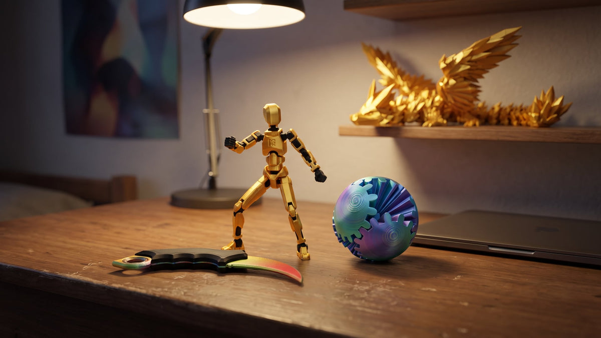 Teenager's desk at night: a gold Dummy 13 figure mid-pose, a blue-green-violet Gear Ball and a red-yellow-green karambit spinner, with a gold 50 cm winged dragon on the shelf behind