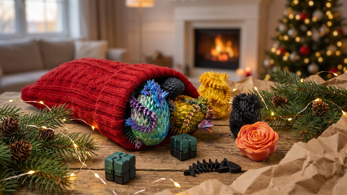 Small 3D printed gifts for stockings and Secret Santa: baby dragons in eggs, an infinity cube and a dragon egg fidget