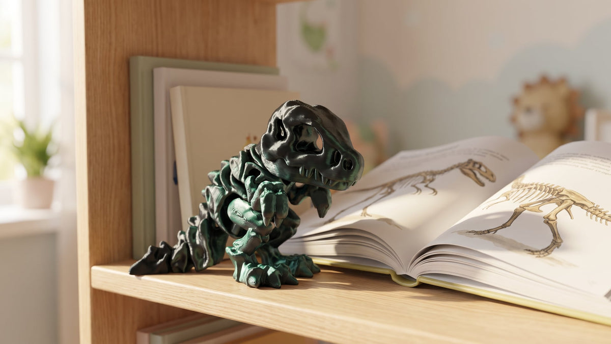 A black-green iridescent articulated 3D-printed T-rex skeleton figure on a light wooden bookshelf, next to an open children's book with T-rex skeleton drawings, in soft morning light.