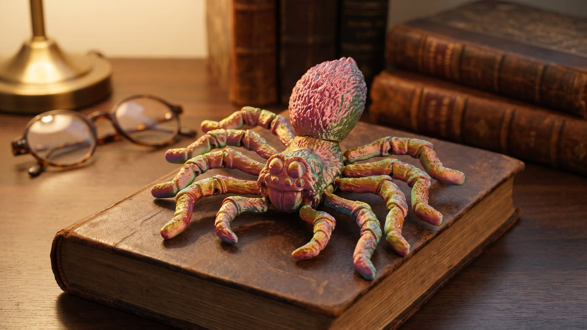 A multicoloured 3D printed articulated tarantula figure in a pink, gold and green gradient resting on an old leather-bound book on a wooden desk, with reading glasses, a brass lamp and old books in warm light.