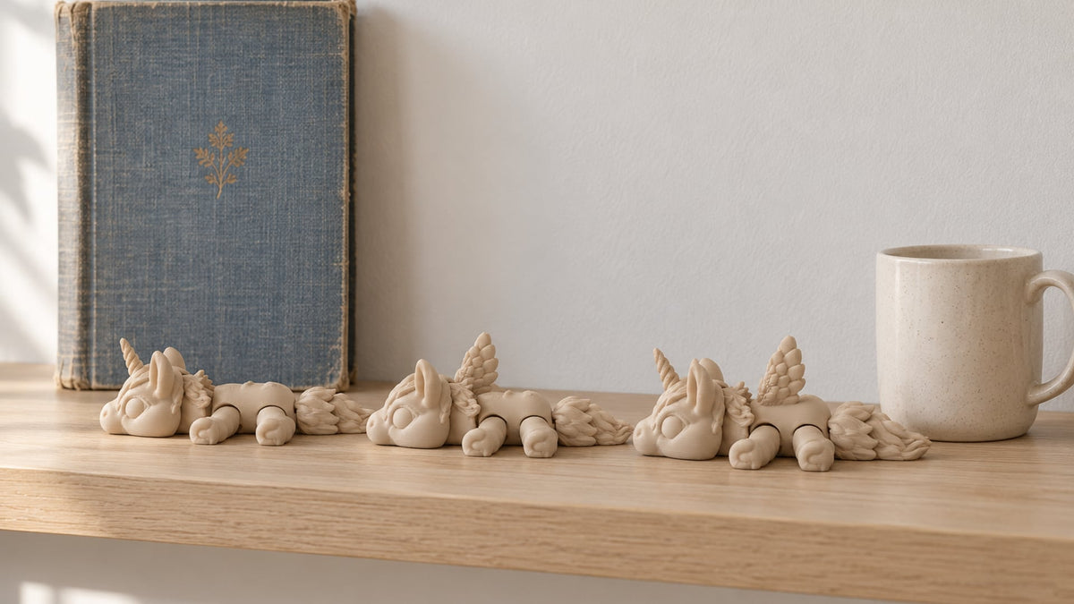 Three beige 3D-printed flexi figures lie side by side on a pale wooden shelf: a unicorn, a Pegasus and an alicorn, each 14.1 cm long, in front of an old cloth-bound book of fairy tales, with a stoneware mug beside them.
