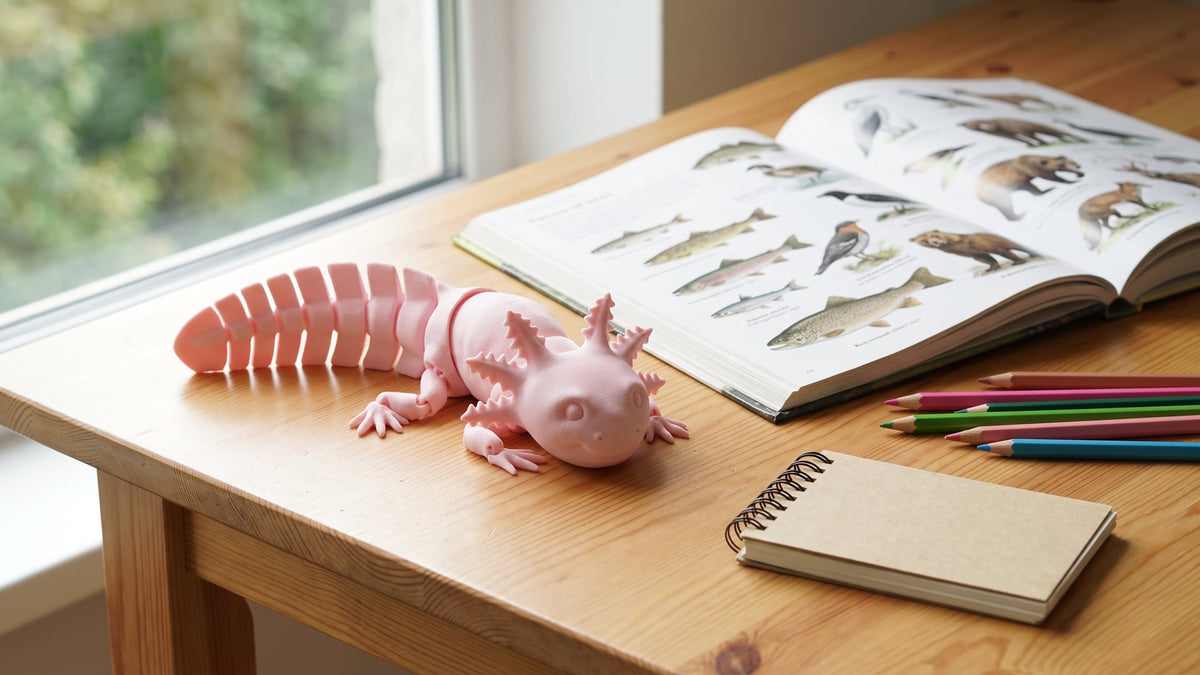 A pale pink articulated 3D-printed axolotl figure lying on a wooden study desk by a window, next to an open illustrated animal book, coloured pencils and a notebook.