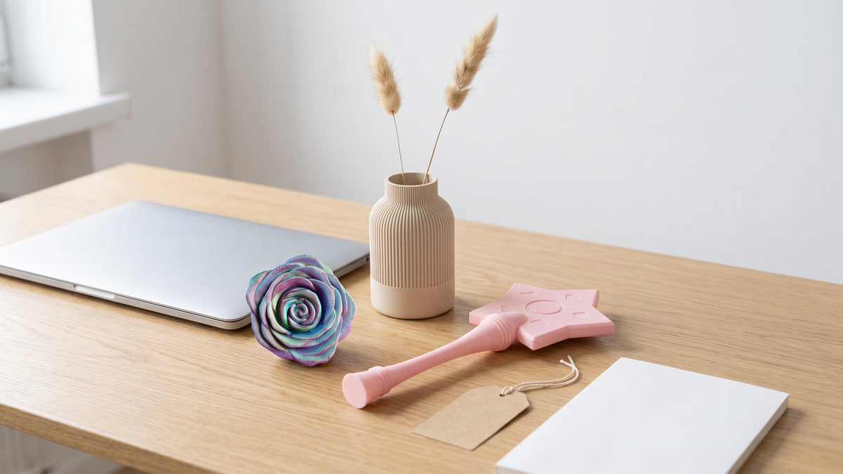 Iridescent rose spinner, small beige ribbed vase with two dried grass stems and a pastel pink star wand card holder on a light oak office desk beside a laptop, notebook and kraft gift tag