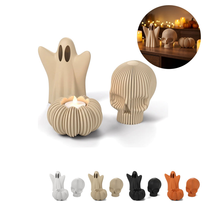 Halloween dekoráció szett 3 db, szellem, koponya, tök LED mécsestartó – Beige