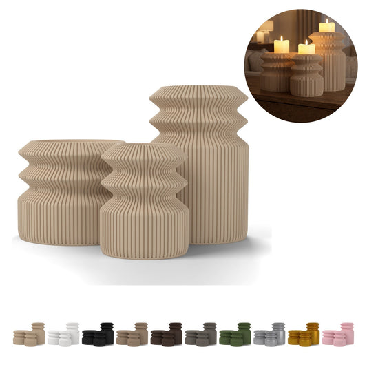 Bougeoirs pour bougies LED pilier Shiro, lot de 3, 14 cm, cannelés, PLA – beige