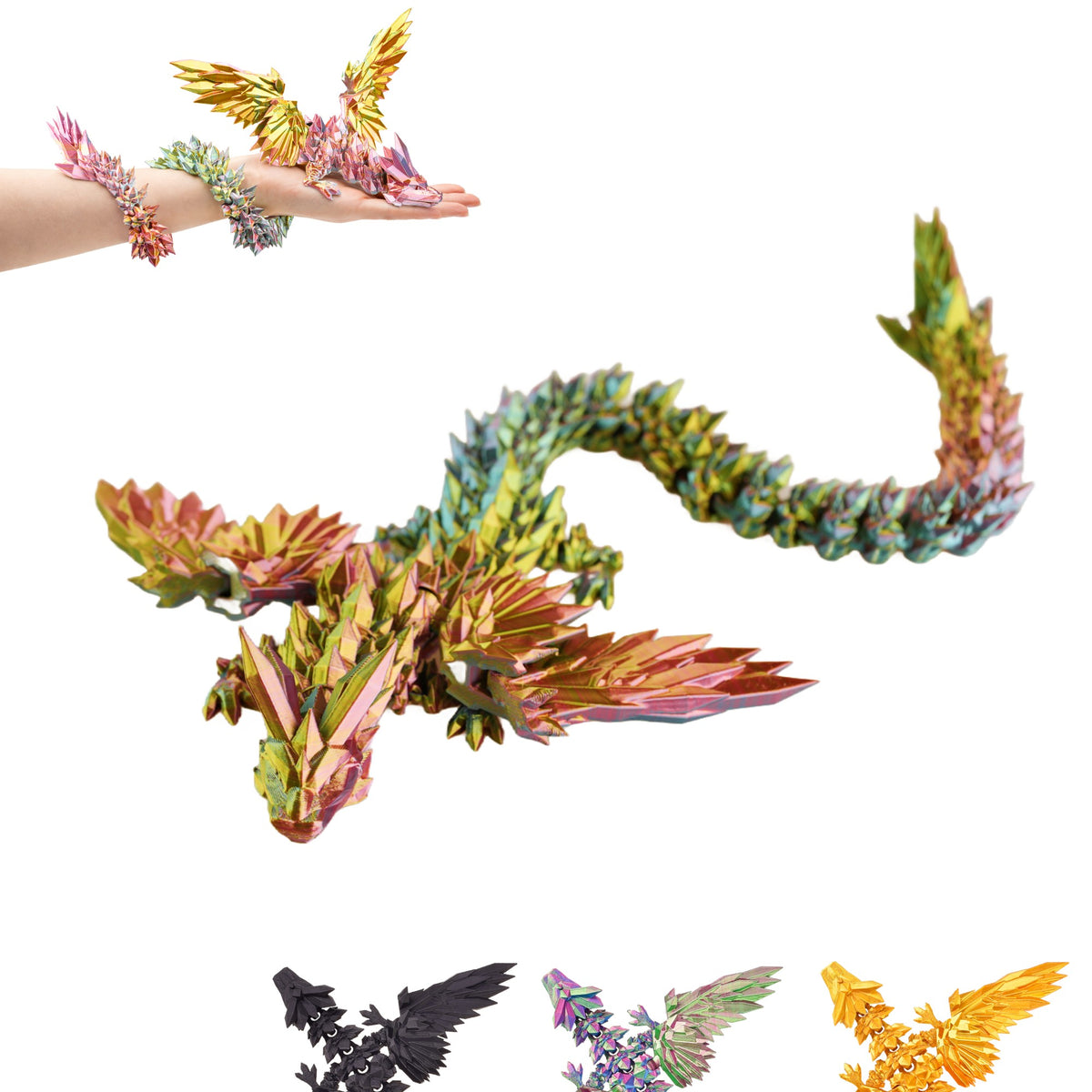 3D Winged Dragon Figure – Poseable Fantasy Sculpture (50 cm XL) – Red-Yellow-Green