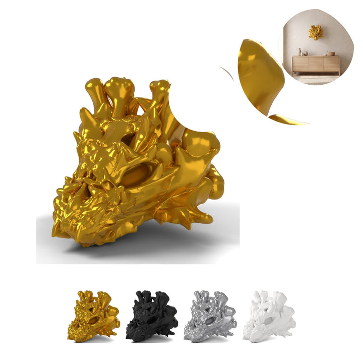 Dragon Head Wall Mount Hollow 8,2 cm, Spooky Fantasy Trophy, PLA – Silk Gold