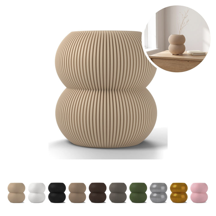 Vază decorativă Bubble 14,3 cm, striată din PLA, două sfere pe bază inelară – bej