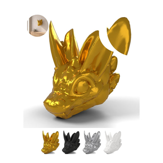 Dragon Head Wall Mount, Baby Dragon Easter 12,1 cm, Easter Trophy, PLA – Silk Gold