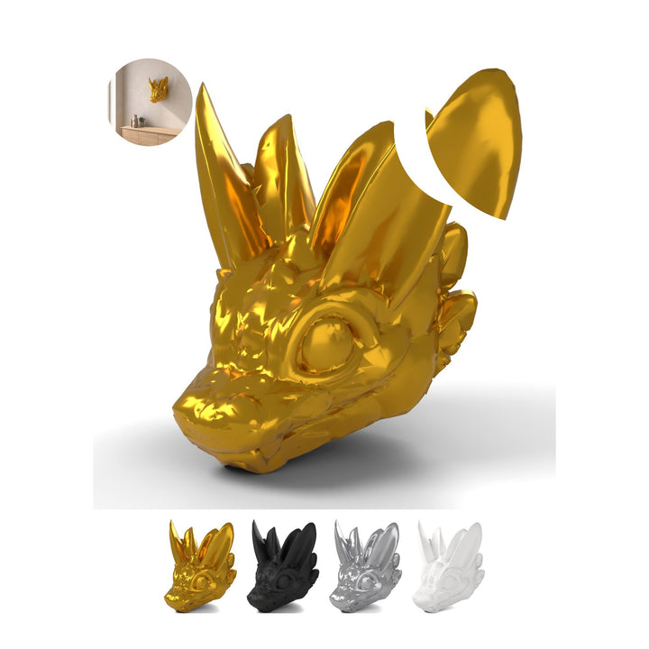 Dragon Head Wall Mount, Baby Dragon Easter 12,1 cm, Easter Trophy, PLA – Silk Gold