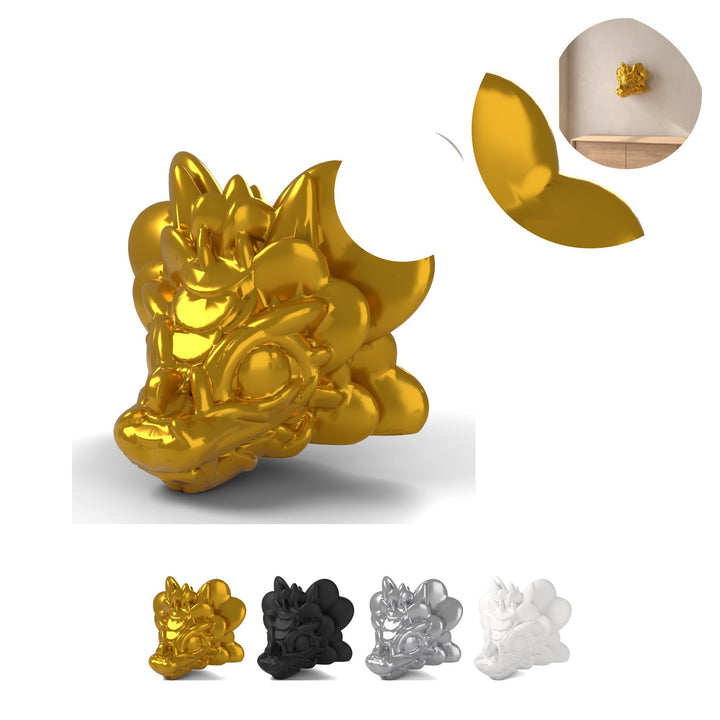 Dragon Head Wall Mount, Baby Dragon Clover 8,5 cm, Lucky Clover Trophy, PLA – Silk Gold