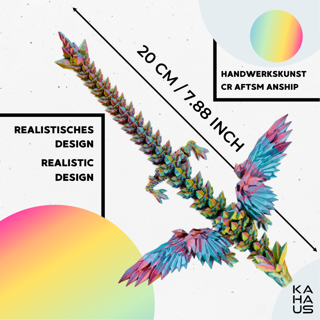 3D Winged Dragon Figure – Poseable Fantasy Sculpture (20 cm) – Red-Yellow-Green #c:red-yellow-green