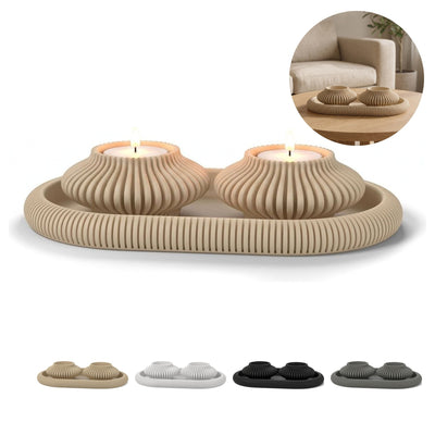 Decoratieve schaal ovaal met 2 LED waxinelichthouders, geribbelde japandi set – Beige