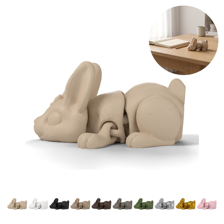 Iepuraș flexi cu fundiță 8,5 cm – mini figurină articulată, fidget imprimat 3D – Beige