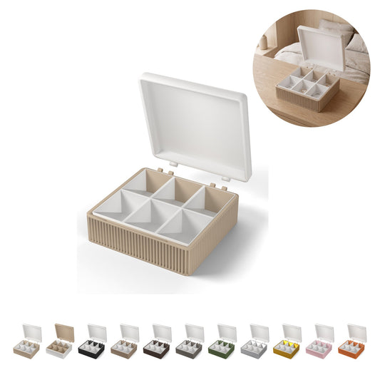 Joyero aprox. 8,3 cm, tapa con bisagras, bandeja 6 compartimentos, PLA – Beige