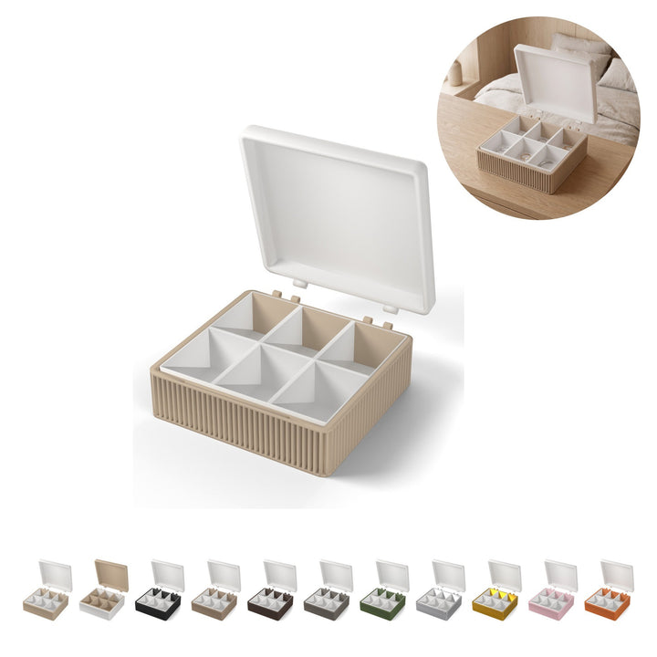 Joyero aprox. 8,3 cm, tapa con bisagras, bandeja 6 compartimentos, PLA – Beige
