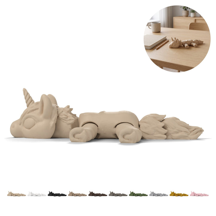 Unicorn flexi 14,1 cm, mini figurină articulată, fidget imprimat 3D – bej
