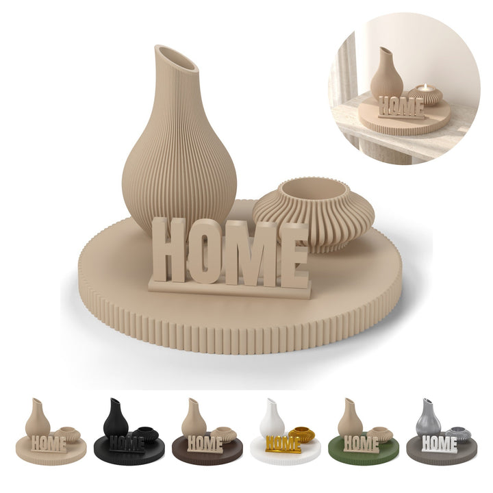 Dekorační sada boho HOME 4 ks: tác, váza, LED svícen, nápis, 13,9 cm, PLA – béžová