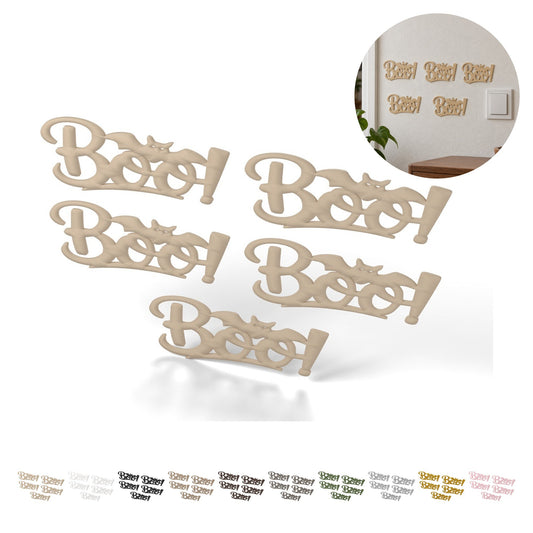 Pancartă de perete Boo! cu liliac, 5 buc, 11,8 cm, PLA – bej