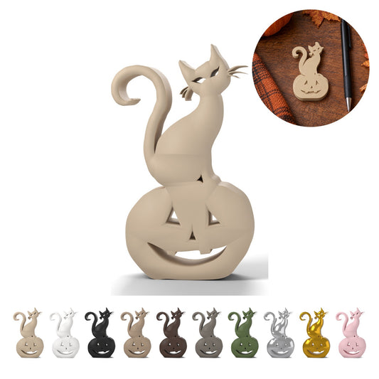 Halloween kat op pompoen, decoratie 9,3 × 5,5 cm, PLA – beige