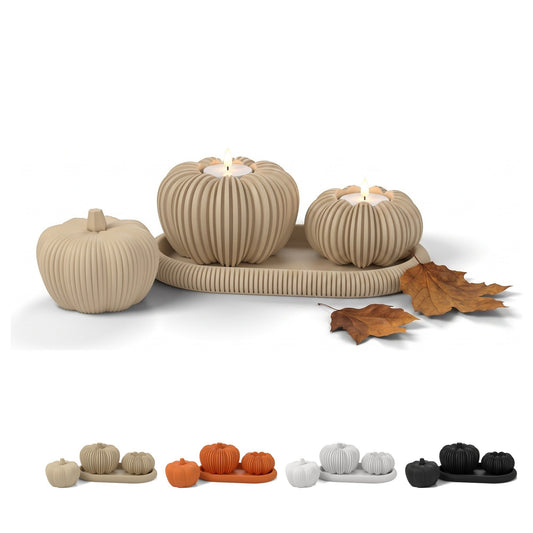 Set decoración otoño 4 piezas con bandeja, calabazas y portavelas LED – beige