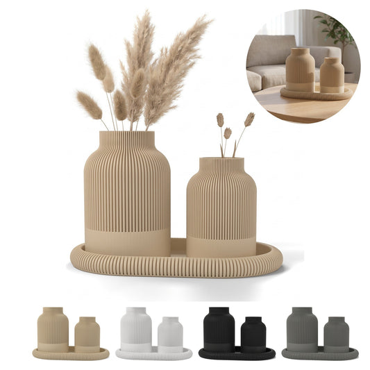 Set decorativo 2 jarrones con bandeja ovalada estriado japandi salón – Beige