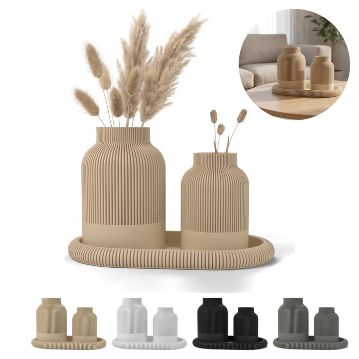 Set decorativo 2 jarrones con bandeja ovalada estriado japandi salón – Beige