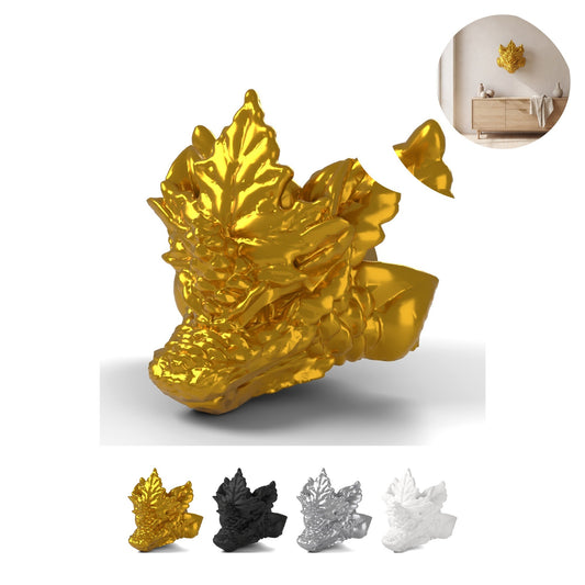 Dragon Head Wall Mount Pine Leaf 8,9 cm, Pine Needle Motif, PLA – Silk Gold