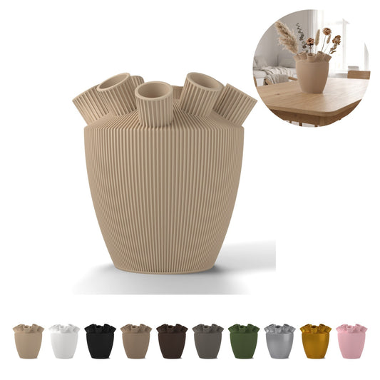 Decorative Vase Shinzo 18,1 cm, Ribbed Tulip Vase with Stem Tubes, PLA – Beige
