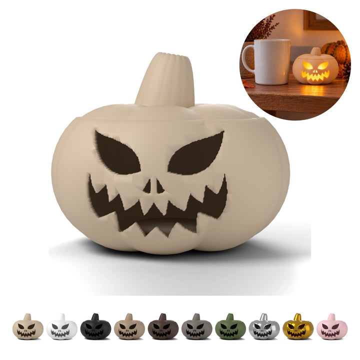 Dovleac Halloween cu capac pentru lumânare LED, Ø 10,1 cm, PLA – bej