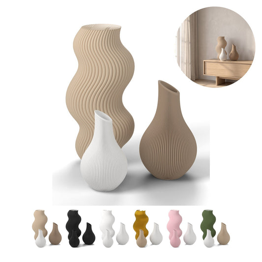 Zestaw 3 wazonów dekoracyjnych 18,4 cm, żebrowane, z PLA, 6 miksów kolorów – beżowy