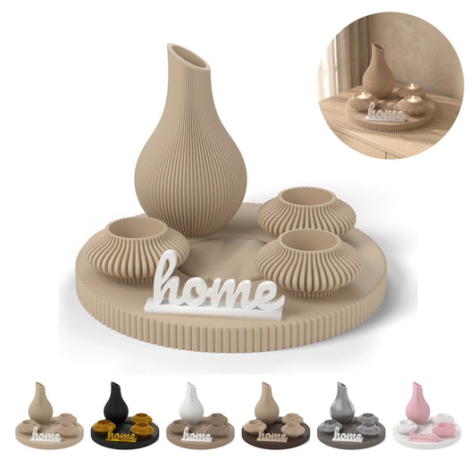Set decorativo de 6 piezas con bandeja XL – jarrón y letrero home – beige